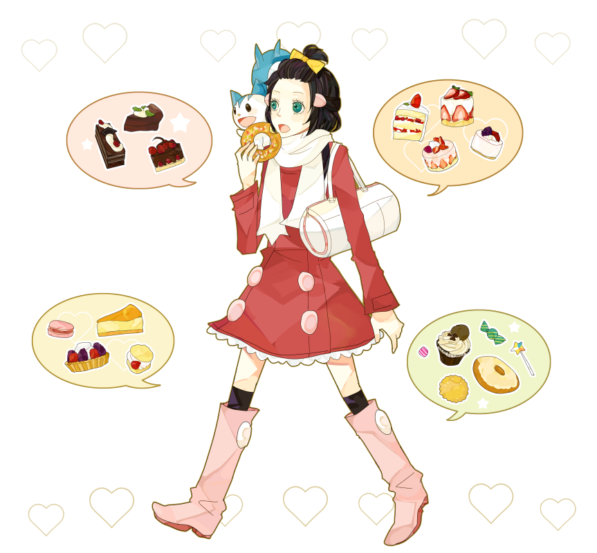 1girl alternate_costume bad_id bag black_hair boots bow brown_hair cake candy coat cream_puff cupcake doughnut eating food green_eyes hair_bow heart hikari_(pokemon) hikari_(pokemon)_(remake) holding knee_boots kneehighs macaron open_mouth pachirisu pastry pie pokemon pokemon_(creature) scarf shikanaka short_hair spoken_food tart_(food) thigh-highs thighhighs walking zettai_ryouiki