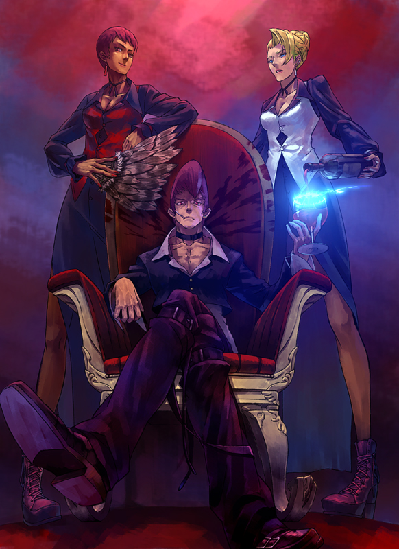 blue_fire choker cigarette crossed_legs cup cupping_glass fan fire flame foreshortening from_below green_legwear king_of_fighters mature_(kof) oropi pantyhose pink_legwear red_hair redhead short_hair sitting throne vice wine wine_glass yagami_iori