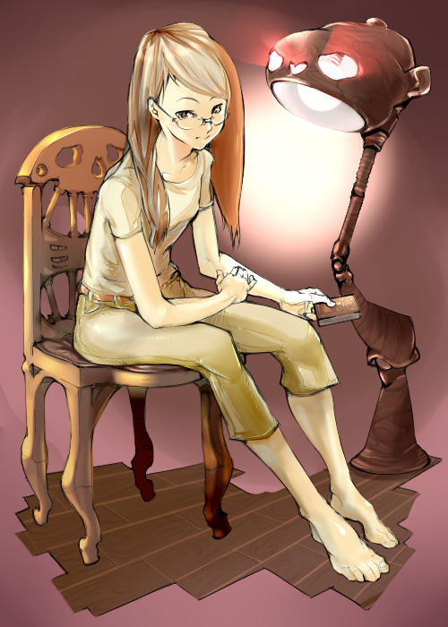 bad_feet bad_id barefoot brown_hair capri_pants chair feet glasses jeans lamp long_hair sitting sketch