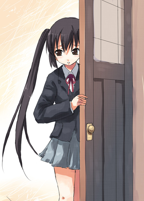 blush brown_eyes door k-on! long_hair nakano_azusa school_uniform skirt solo twintails yakka