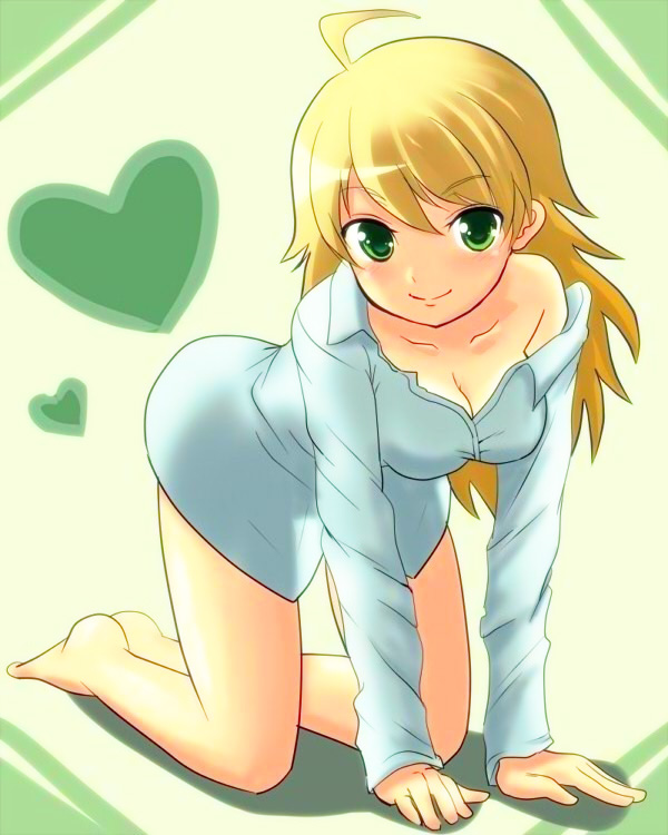 all_fours bad_id barefoot blonde_hair bottomless breasts cleavage green_eyes heart hoshii_miki idolmaster long_hair smile solar_kaichuudentou solo