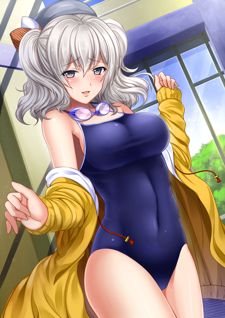 1girl blush breasts cowboy_shot goggles goggles_around_neck grey_eyes hat jacket kantai_collection kashima_(kantai_collection) large_breasts looking_at_viewer off_shoulder open_clothes open_jacket open_mouth school_swimsuit shibata_rai silver_hair smile solo swimsuit swimsuit_under_clothes thighs twintails wet window