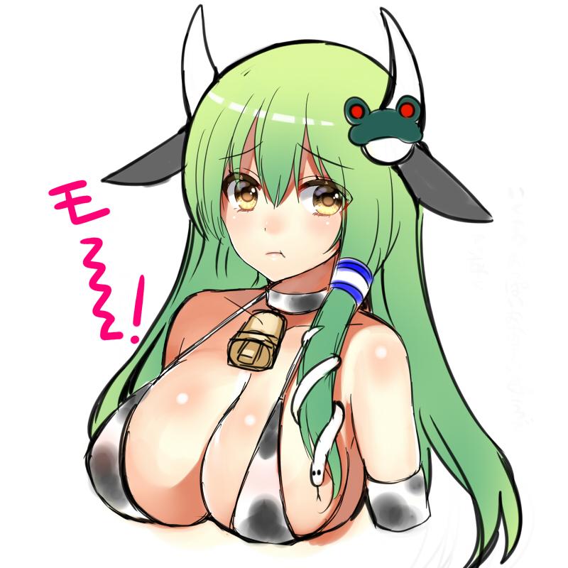 1girl :t animal_costume bell bell_collar blush bra breasts cleavage collar cow_costume cow_girl cow_horns cow_print frog_hair_ornament green_hair hair_ornament hair_tubes horns kanzaki_maguro kochiya_sanae large_breasts long_hair looking_at_viewer snake_hair_ornament solo tareme touhou underwear upper_body white_background yellow_eyes