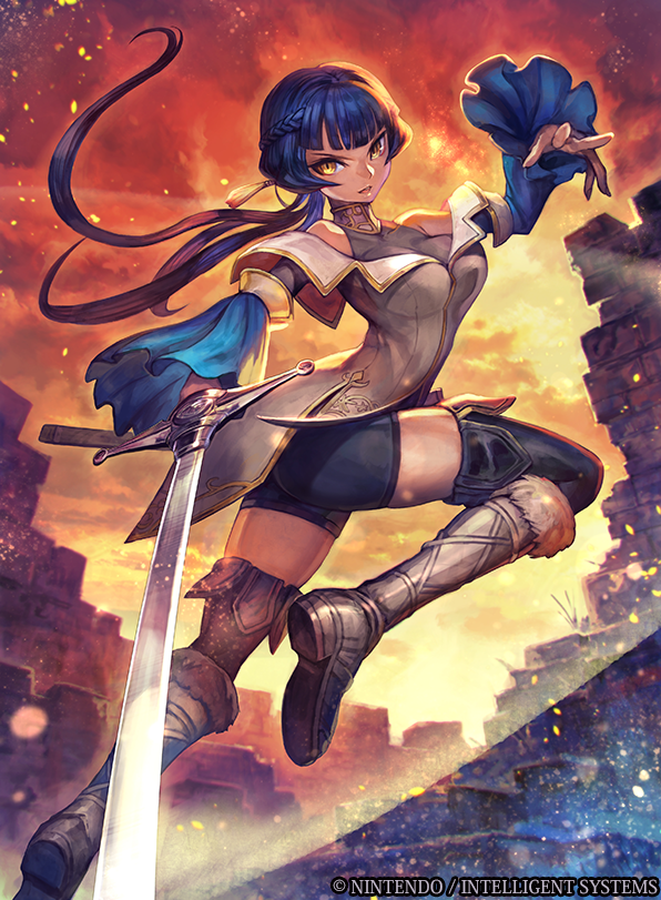 1girl athena_(fire_emblem) bangs black_hair boots fire_emblem fire_emblem:_mystery_of_the_emblem fire_emblem_cipher lack long_hair official_art open_mouth sky solo sword weapon yellow_eyes