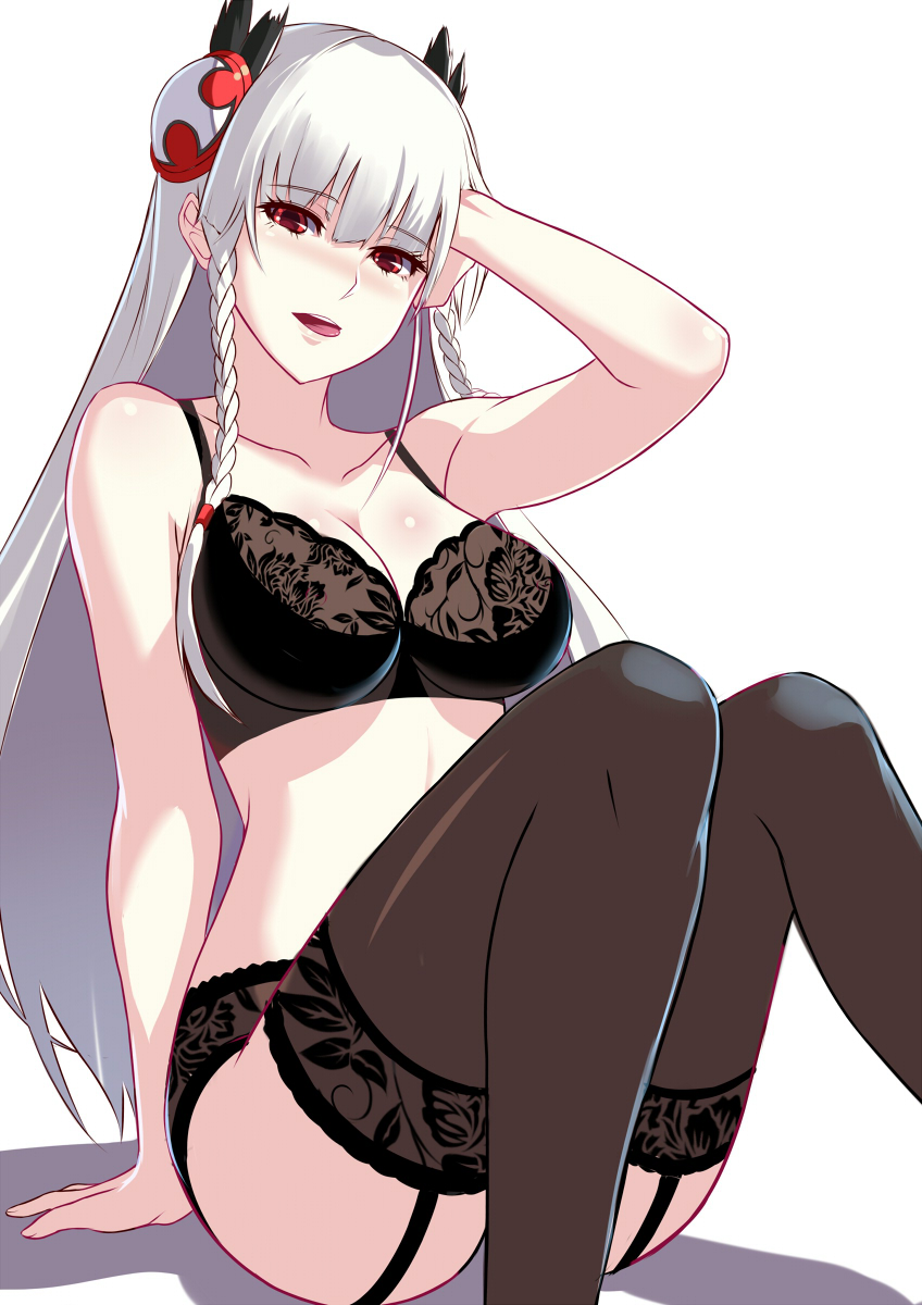 1girl arm_at_side arm_support bangs black_bra black_panties black_valkyrie_(p&amp;d) blunt_bangs blush bra braid breasts cleavage collarbone eyebrows eyebrows_visible_through_hair eyelashes floral_print garter_straps hair_ornament hand_in_hair hand_on_own_head highres lace_bra lace_panties long_hair looking_at_viewer open_mouth panties puzzle_&amp;_dragons red_eyes silver_hair simple_background sitting smile solo thigh-highs tongue tongue_out twin_braids underwear wada_masanori white_background white_hair