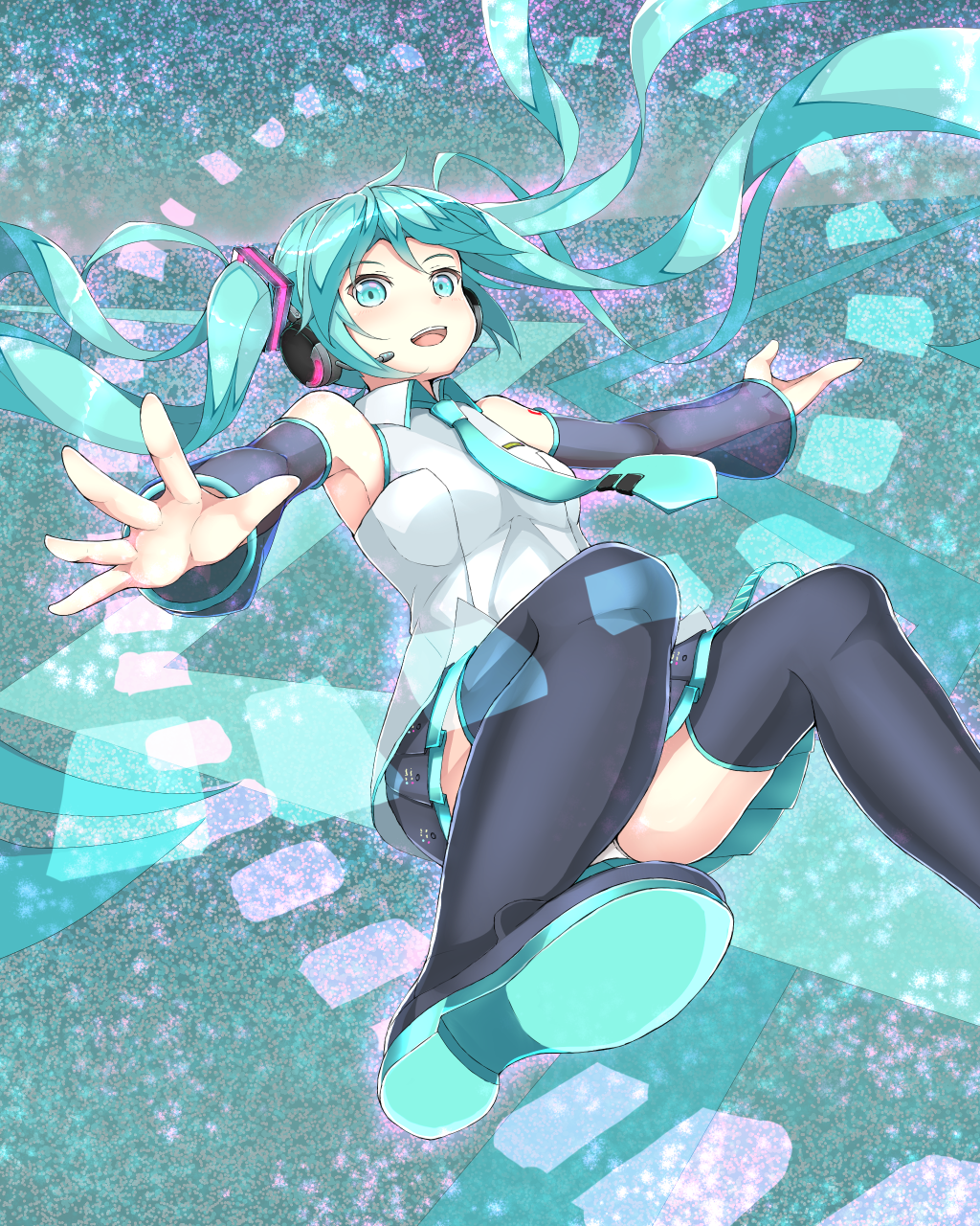 1girl aqua_eyes aqua_hair boots butatikin detached_sleeves hatsune_miku headset highres long_hair looking_at_viewer necktie open_mouth outstretched_arms skirt solo spread_arms thigh-highs thigh_boots twintails very_long_hair vocaloid