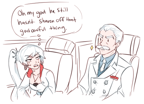 1boy 1girl airplane_interior chair dashingicecream english facial_hair father_and_daughter lowres mustache ponytail rwby sparkle spoilers sweat thought_bubble weiss_schnee weiss_schnee's_father