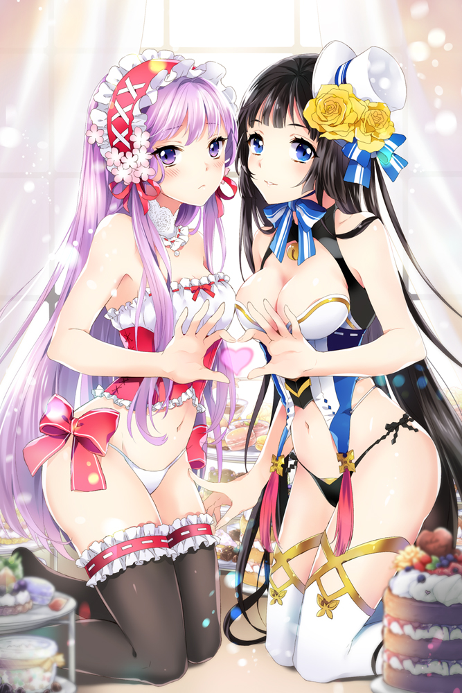 2girls bangs bare_shoulders bell black_hair black_legwear black_panties blue_eyes blurry blush bow breast_press breasts cake cleavage closed_mouth cross-laced_clothes curtains depth_of_field detached_collar eyebrows eyebrows_visible_through_hair eyelashes flower food frills frown fruit hair_flower hair_ornament hair_ribbon hairband hat heart heart_hands heart_hands_duo jingle_bell kneeling lace light_particles long_hair looking_at_viewer macaron mca_(dessert_candy) mini_hat mini_top_hat multiple_girls navel nexia on_floor panties parted_lips pearl pintail plate purple_hair red_bow red_ribbon ribbon ribbon_trim rose side-tie_panties smile stomach strapless sweets sword_girls symmetrical_docking tassel thigh-highs top_hat touching underwear underwear_only very_long_hair violet_eyes white_legwear white_panties window yellow_flower yellow_rose