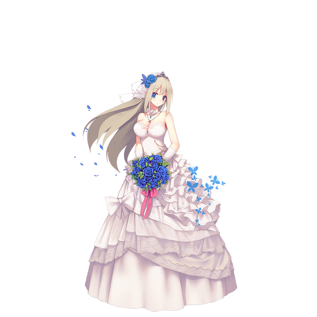 1girl alternate_costume blonde_hair blue_eyes blue_rose blush bouquet breasts bridal_veil butterfly choker cleavage dress flower frilled_dress frills gloves jewelry large_breasts lexington_(zhan_jian_shao_nyu) long_hair necklace official_art petals rose smile solo tiara veil wedding_dress white_dress white_gloves zhan_jian_shao_nyu