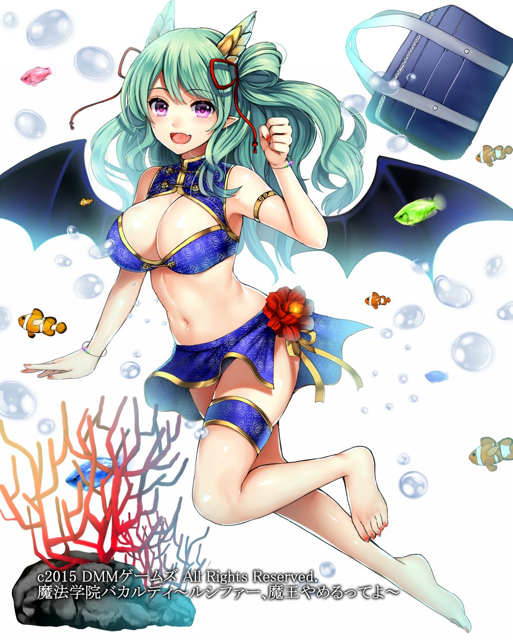 1girl :d bag bare_legs bare_shoulders bat_wings blush breasts chinese_clothes cleavage clownfish copyright_request fang fish flower green_hair hair_ornament hair_ribbon highres kanzaki_maguro large_breasts long_hair looking_at_viewer nail_polish navel open_mouth original pink_eyes pointy_ears red_nails red_ribbon ribbon sleeveless smile solo thigh_strap two_side_up underwater wings