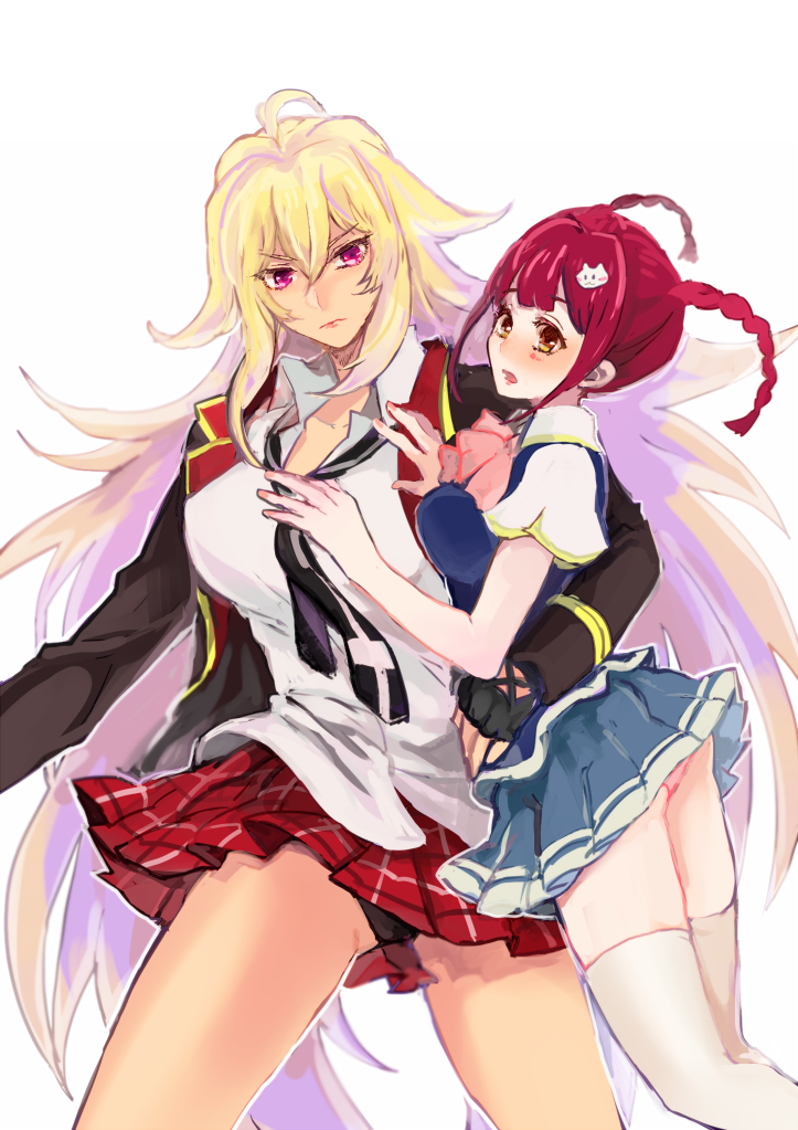 2girls arm_around_waist blonde_hair fingerless_gloves gloves hug long_hair multiple_girls necktie panties pantyshot pink_eyes pink_hair school_uniform shikishima_mirei thigh-highs tokonome_mamori underwear valkyrie_drive valkyrie_drive_-mermaid- yuri