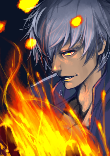 1boy akisa_(12023648) dark_skin fire jacket k' looking_at_viewer male_focus open_mouth red_eyes short_hair solo the_king_of_fighters white_hair