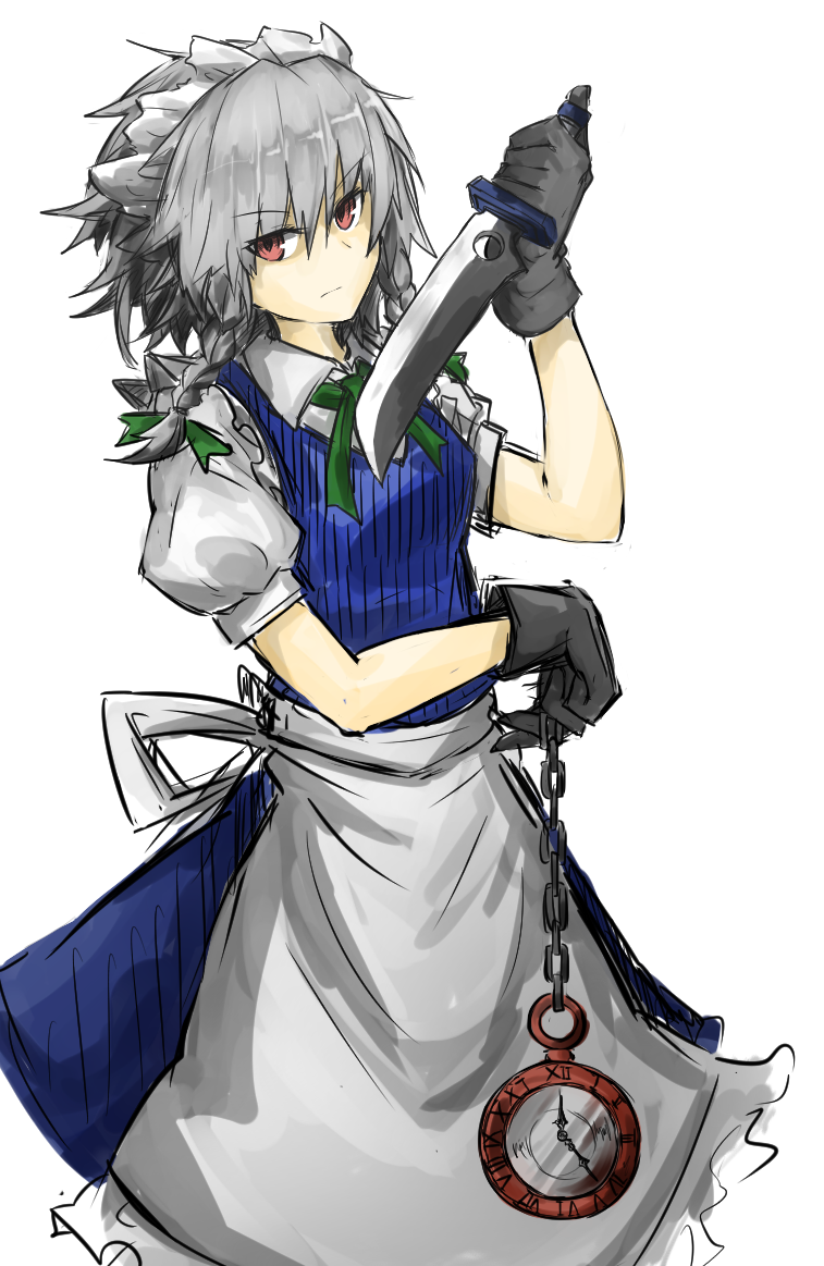 1girl braid clock izayoi_sakuya kan_(aaaaari35) knife maid maid_headdress red_eyes silver_hair solo touhou twin_braids