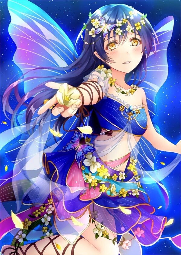 1girl blue_hair butterfly_wings long_hair love_live!_school_idol_project morizono_shiki solo sonoda_umi wings yellow_eyes yume_no_tobira