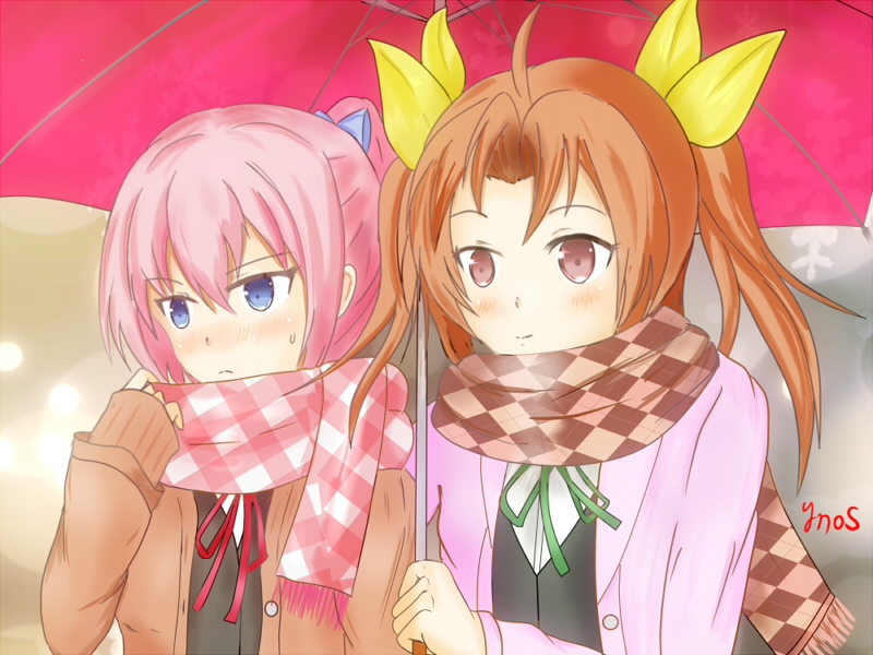 2girls ahoge argyle argyle_scarf artist_name blue_eyes brown_eyes brown_hair coat commentary_request green_ribbon hair_ribbon holding holding_umbrella kagerou_(kantai_collection) kantai_collection multiple_girls pink_hair plaid plaid_scarf ponytail red_ribbon ribbon scarf shared_umbrella shiranui_(kantai_collection) short_ponytail twintails umbrella vest ynos