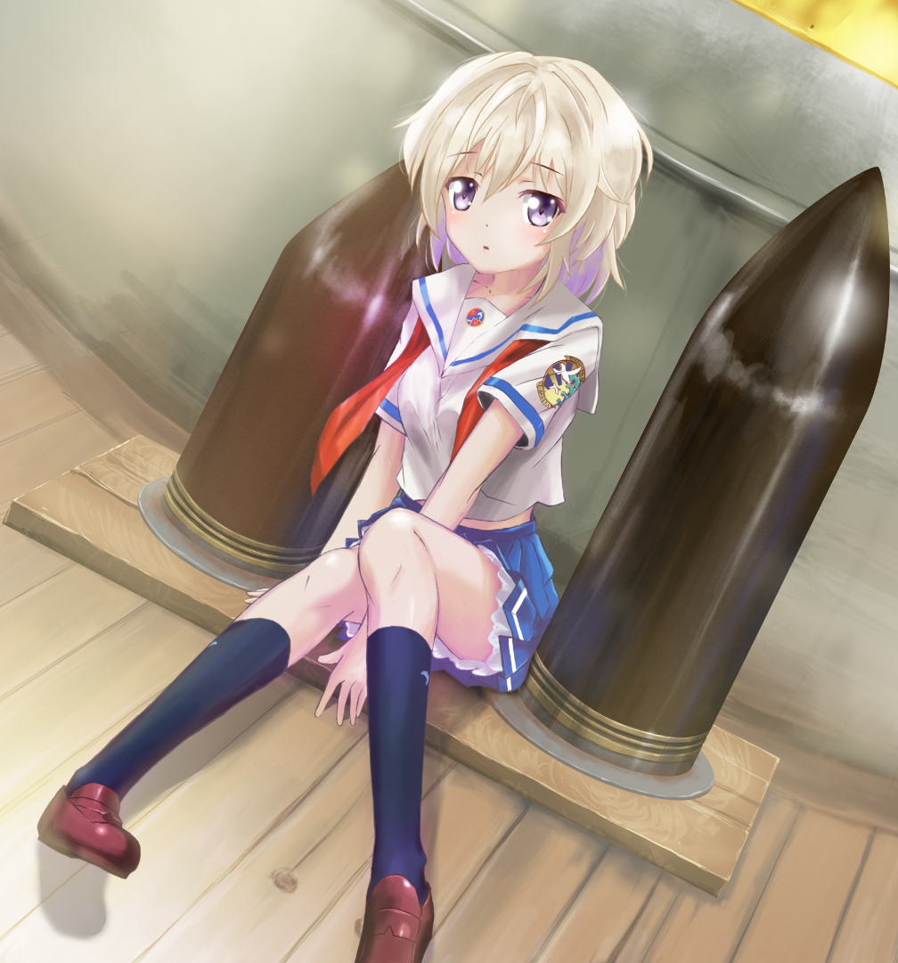 1girl aquakurow high_school_fleet school_uniform serafuku short_hair silver_hair sitting solo tank_shell tateishi_shima violet_eyes