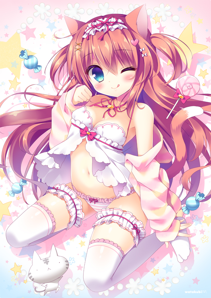 1girl ;p animal_ears babydoll blue_eyes bow bow_panties candy cat cat_ears cat_tail choker food frills garters hair_ornament hairclip jacket lace-trimmed_panties leg_garter long_hair looking_at_viewer loungewear maid_headdress midriff navel one_eye_closed open_clothes open_jacket original panties paw_pose pink_jacket redhead sasai_saji sitting small_breasts solo stomach sweets tail tareme thigh-highs tongue tongue_out underwear very_long_hair wariza x_hair_ornament