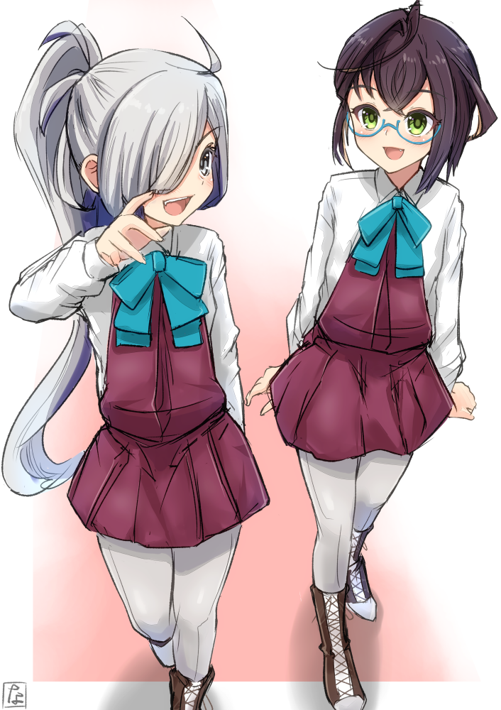 2girls :d ahoge arms_at_sides asashimo_(kantai_collection) blue-framed_glasses blue_bow blue_bowtie blush boots bow bowtie brown_boots brown_hair cross-laced_footwear fang glasses green_eyes grey_eyes grey_legwear hair_over_one_eye hand_up kantai_collection knee_boots legs_together long_sleeves multiple_girls nayuhi_(yukimuu14) okinami_(kantai_collection) open_mouth pantyhose pink_background pleated_skirt ponytail red_skirt red_vest semi-rimless_glasses shirt silver_hair simple_background sketch skirt smile teeth tooth under-rim_glasses vest walking white_shirt