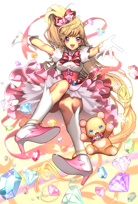 1girl asahina_mirai bear blonde_hair boots bow creature cure_miracle diamond full_body gem gloves hair_bow hat knee_boots long_hair looking_at_viewer magical_girl mahou_girls_precure! mini_hat mini_witch_hat mofurun_(mahou_girls_precure!) outstretched_arms pink_hat pink_ribbon pink_skirt ponytail precure red_bow ribbon skirt smile spread_arms violet_eyes wadani_hitonori white_boots white_gloves witch_hat