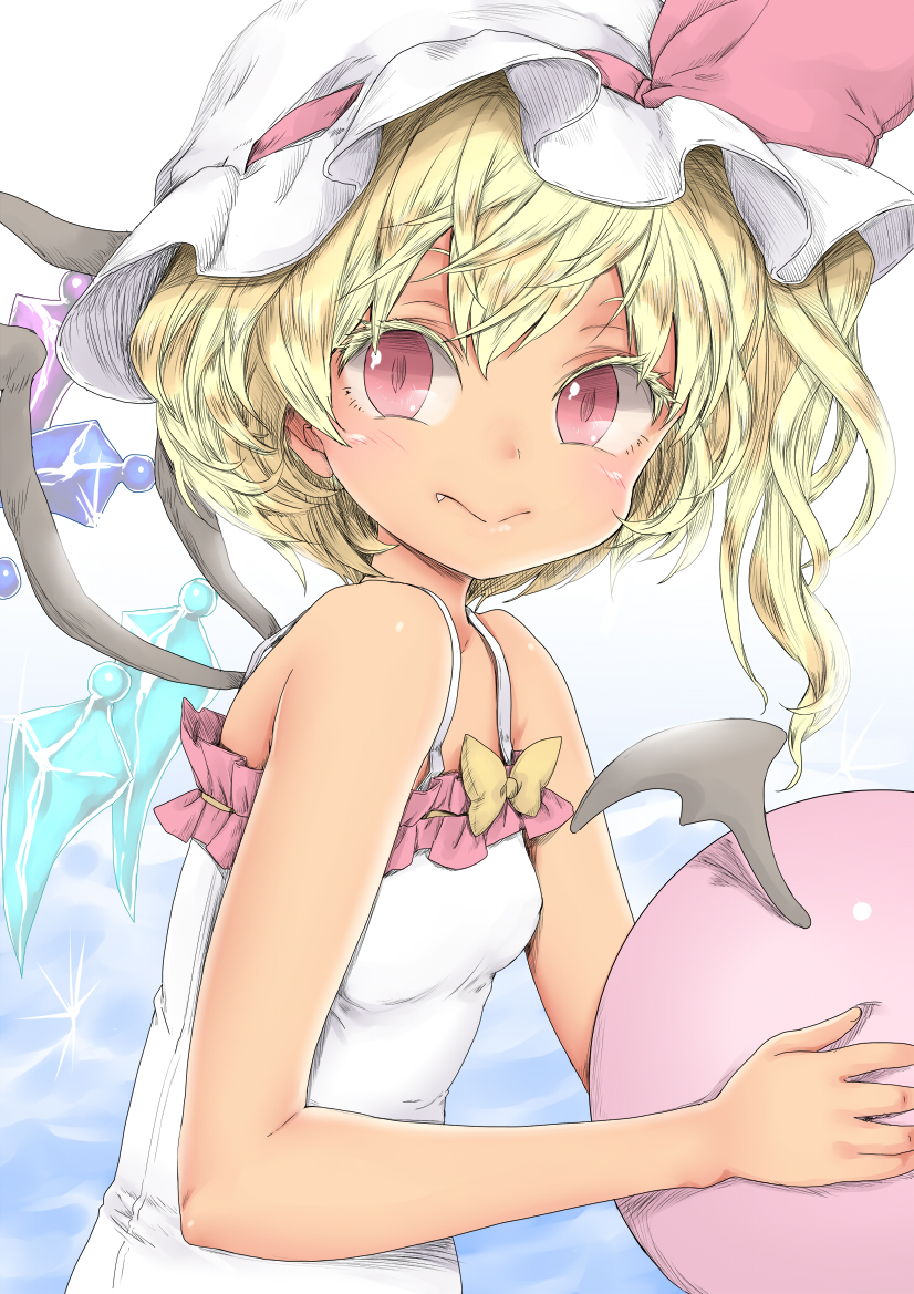 1girl ball beachball blonde_hair chikado demon_wings dress fang flandre_scarlet flat_chest hat hat_ribbon looking_at_viewer mob_cap red_eyes red_ribbon ribbon side_ponytail solo sundress touhou upper_body wings