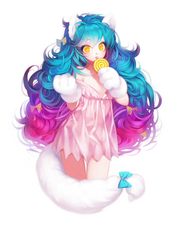 1girl :3 :p animal_ears babydoll bangs bare_shoulders big_hair blue_bow blue_hair bow candy cat_ears cat_tail cowboy_shot dress eyebrows eyebrows_visible_through_hair eyelashes flat_chest gloves gradient_hair hair_between_eyes hair_bow holding_food licking lingerie lollipop long_hair multicolored_hair off_shoulder original paw_gloves pink_dress pink_hair purple_hair see-through see-through_silhouette simple_background solo tail tail_bow thigh_gap tongue tongue_out underwear wavy_hair white_background winterseoya yellow_bow yellow_eyes
