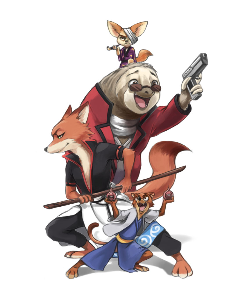 4boys :d alternate_costume arms_up bandage_over_one_eye bandages bei_ju_luoxuan_wan black_eyes bomb closed_mouth cosplay disney dual_wielding duke_weaselton fangs fennec_fox fighting_stance finnick_(zootopia) flash_(zootopia) fox furry gintama green_eyes gun handgun holding_gun holding_pipe holding_weapon japanese_clothes katsura_kotarou katsura_kotarou_(cosplay) kimono kiseru legs_apart long_sleeves male_focus multiple_boys nick_wilde one_eye_covered open_mouth pipe profile ribbon_trim sakamoto_tatsuma sakamoto_tatsuma_(cosplay) sakata_gintoki sakata_gintoki_(cosplay) short_sleeves simple_background sloth_(animal) smile smoking_pipe standing standing_on_head sunglasses sword takasugi_shinsuke takasugi_shinsuke_(cosplay) weapon weasel white_background wooden_sword zootopia