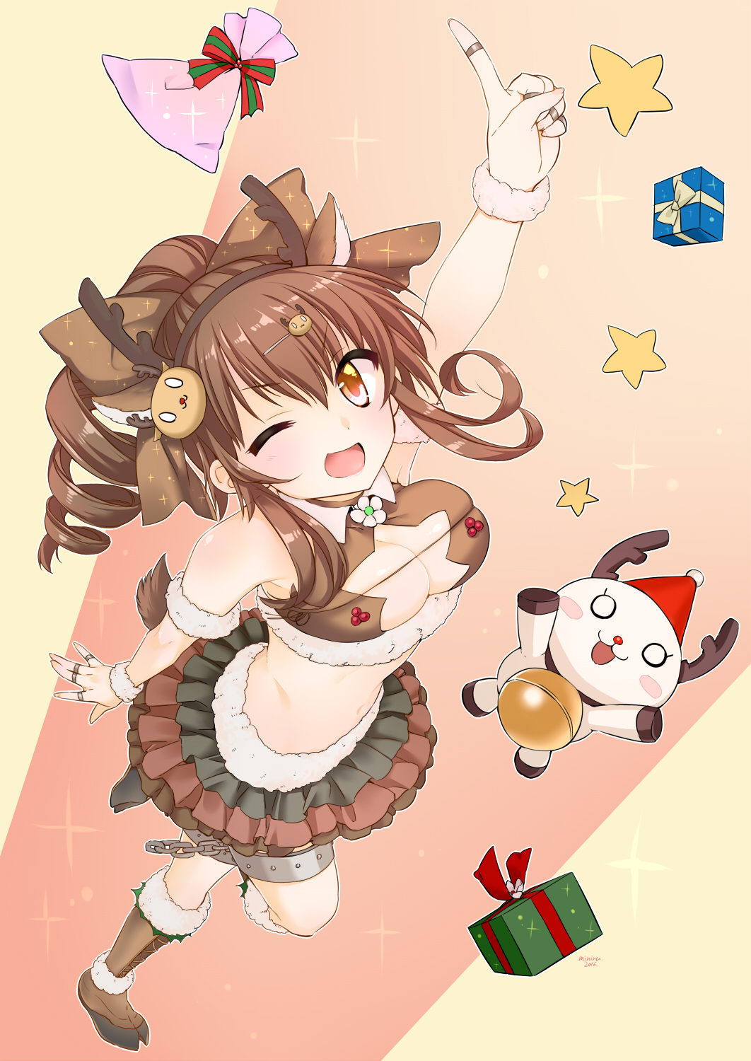 1girl ;d antlers arm_up boots bow breasts brown_boots brown_bow brown_eyes brown_hair christmas cleavage cleavage_cutout drill_hair flower_knight_girl full_body gift hair_bow hair_ornament hairband hairclip highres holly_(flower_knight_girl) index_finger_raised knee_boots layered_skirt looking_at_viewer miniru one_eye_closed open_mouth ponytail reindeer reindeer_ears reindeer_tail short_hair smile solo star