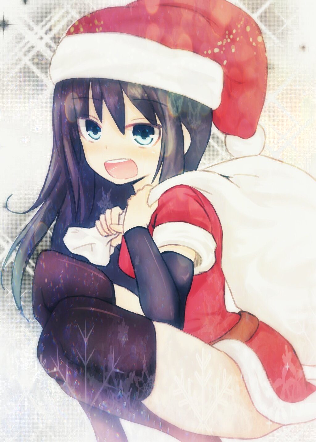 1girl arm_warmers asashio_(kantai_collection) bag belt black_hair black_legwear blue_eyes christmas dress fur hat highres holding_bag kantai_collection long_hair looking_at_viewer open_mouth over_shoulder red_dress sack santa_costume santa_hat shikorita short_dress short_sleeves snowflakes solo sparkle squatting teeth thigh-highs