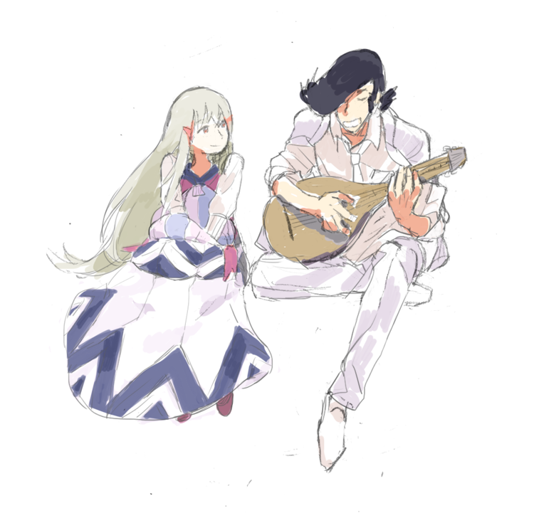 1boy 1girl black_hair blonde_hair dandy_(space_dandy) instrument multicolored_hair poe_(space_dandy) pompadour shoes smile space_dandy string_instrument tagme tuxedo wata_(pixiv3603065) white_background white_shoes