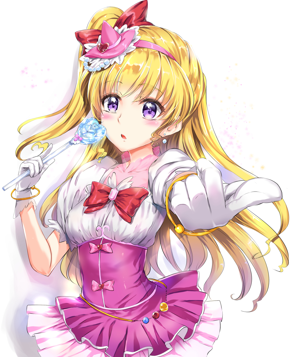 1girl asahina_mirai blonde_hair bow cure_miracle earrings gloves hair_bow hat highres jewelry kamishiro_ryuu long_hair looking_at_viewer magical_girl mahou_girls_precure! mini_hat mini_witch_hat open_mouth pink_hat pointing pointing_at_viewer precure red_bow skirt violet_eyes wand white_gloves witch_hat