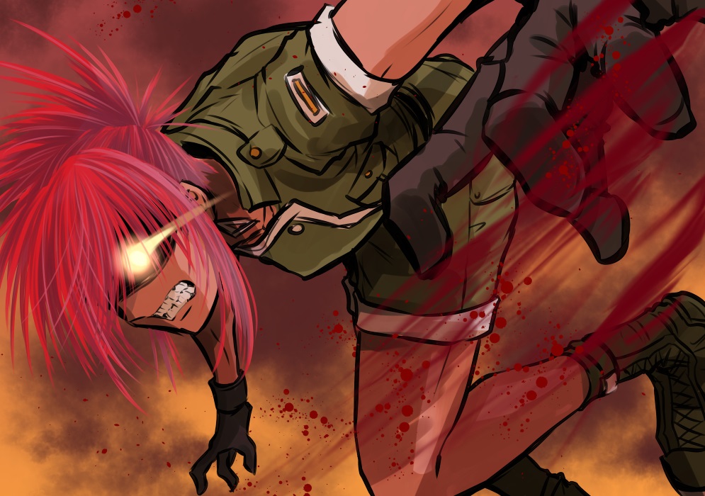 1girl alternate_hair_color blood boots crop_top dark_persona earrings gloves glowing glowing_eyes hair_over_one_eye jewelry kagehi_no_loo leona_heidern long_hair midriff no_pupils orochi_leona pink_hair ponytail redhead shorts snk solo the_king_of_fighters