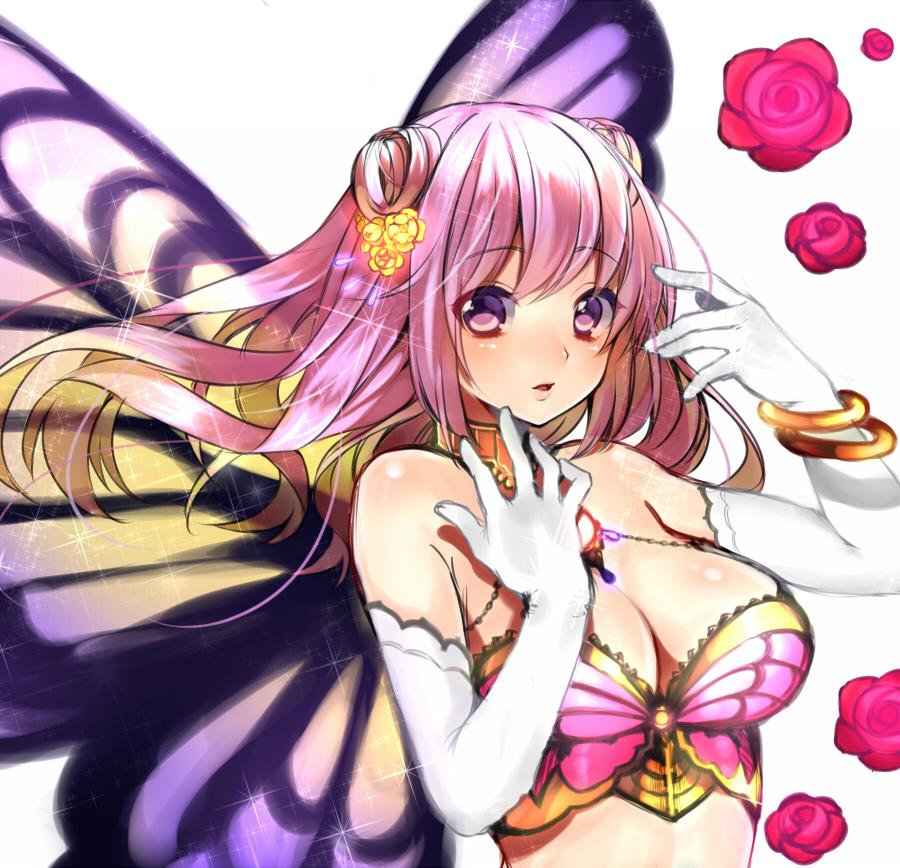 1girl :o bare_shoulders blonde_hair blush bracelet breasts butterfly_wings choker cleavage double_bun elbow_gloves fairy flower gloves gradient_hair hair_flower hair_ornament jewelry kanzaki_maguro large_breasts long_hair looking_at_viewer multicolored_hair original pink_eyes pink_hair red_rose rose solo sparkle upper_body white_gloves wings