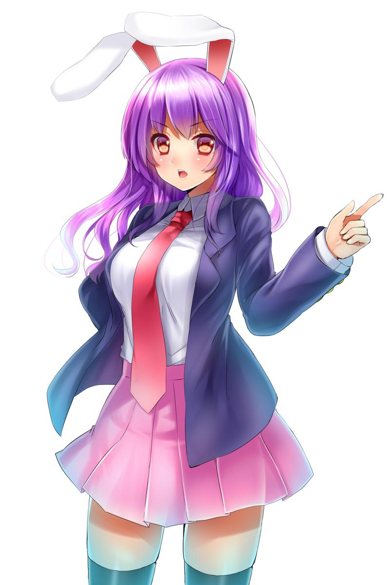 1girl animal_ears black_legwear blazer blouse blush breasts cowboy_shot hand_on_hip highres index_finger_raised kanzaki_maguro large_breasts long_hair looking_at_viewer necktie open_blazer open_clothes open_mouth pleated_skirt purple_hair rabbit_ears red_eyes red_necktie reisen_udongein_inaba shirt skirt solo thigh-highs touhou tsurime upper_body white_background white_shirt zettai_ryouiki