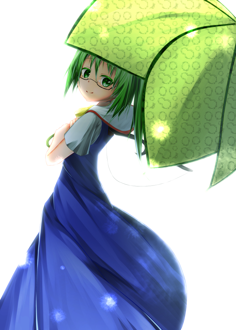 1girl ascot bespectacled blue_dress daiyousei dress fairy_wings from_behind glasses green_eyes green_hair looking_at_viewer looking_back ochakan side_ponytail touhou umbrella unmoving_pattern white_background wings