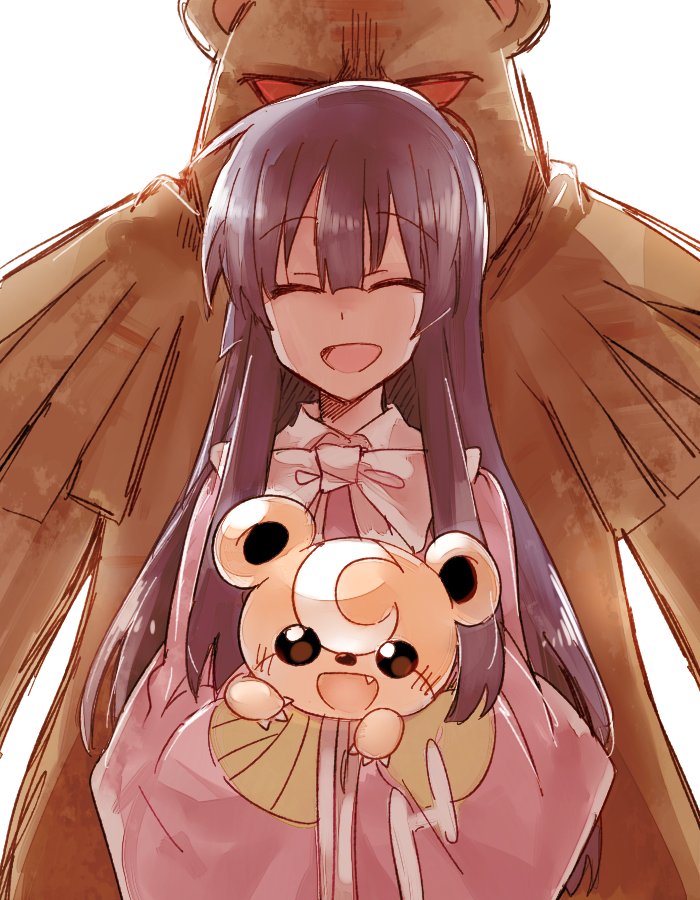 1girl blush carrying closed_eyes commentary_request crossover fang houraisan_kaguya long_hair long_sleeves open_mouth parent_and_child pokemon pokemon_(creature) red_eyes six_(fnrptal1010) smile teddiursa touhou ursaring