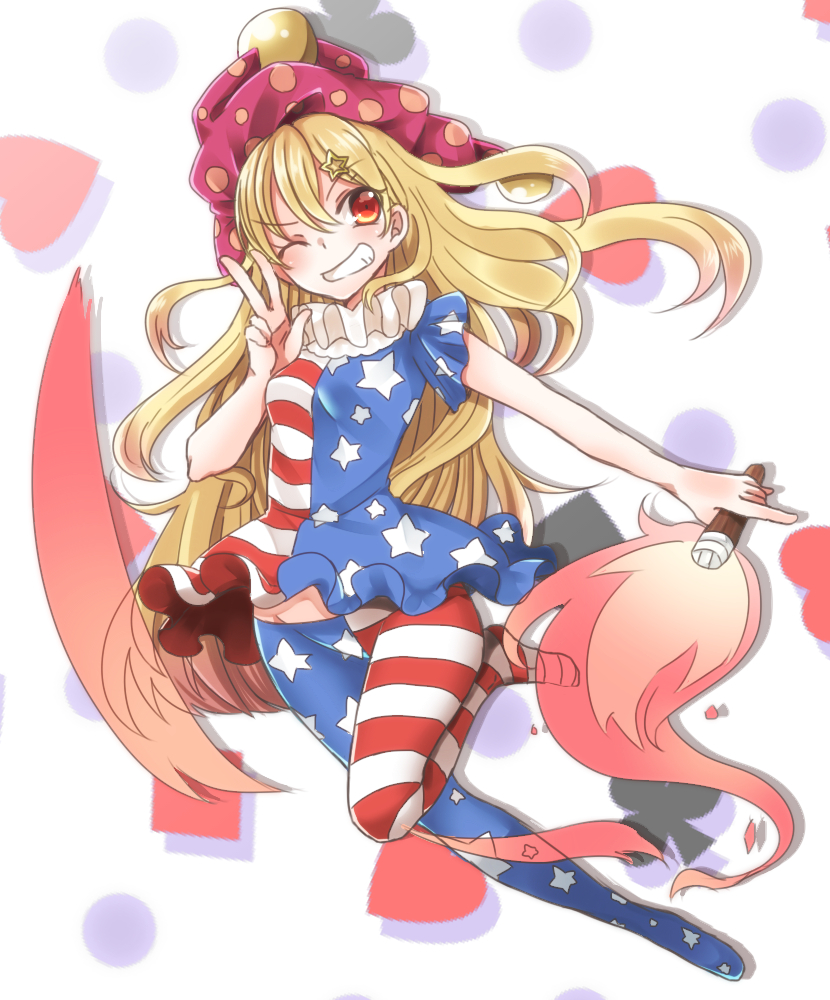 1girl abe_suke american_flag_legwear american_flag_shirt bangs blonde_hair clenched_teeth clownpiece collar eyebrows eyebrows_visible_through_hair fire frilled_collar frills grin groin hair_ornament hat heart jester_cap long_hair looking_at_viewer one_eye_closed pantyhose polka_dot red_eyes shirt short_sleeves simple_background smile solo star star_hair_ornament striped teeth torch touhou v very_long_hair