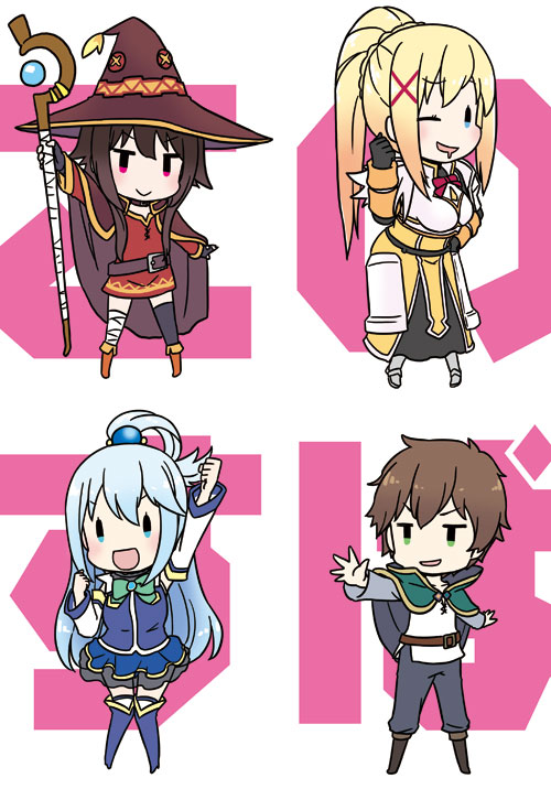 1boy 3girls aqua_(konosuba) aqua_eyes aqua_hair asymmetrical_legwear belt black_hair blonde_hair blue_eyes boots brown_hair chibi cloak copyright_name darkness_(konosuba) detached_sleeves drooling green_eyes green_ribbon hair_tie hat kono_subarashii_sekai_ni_shukufuku_wo! megumin mizuki_maya multiple_girls one_eye_closed outstretched_hand ponytail red_eyes red_ribbon ribbon satou_kazuma skirt staff thigh-highs thigh_boots tied_hair weapon winking witch witch_hat