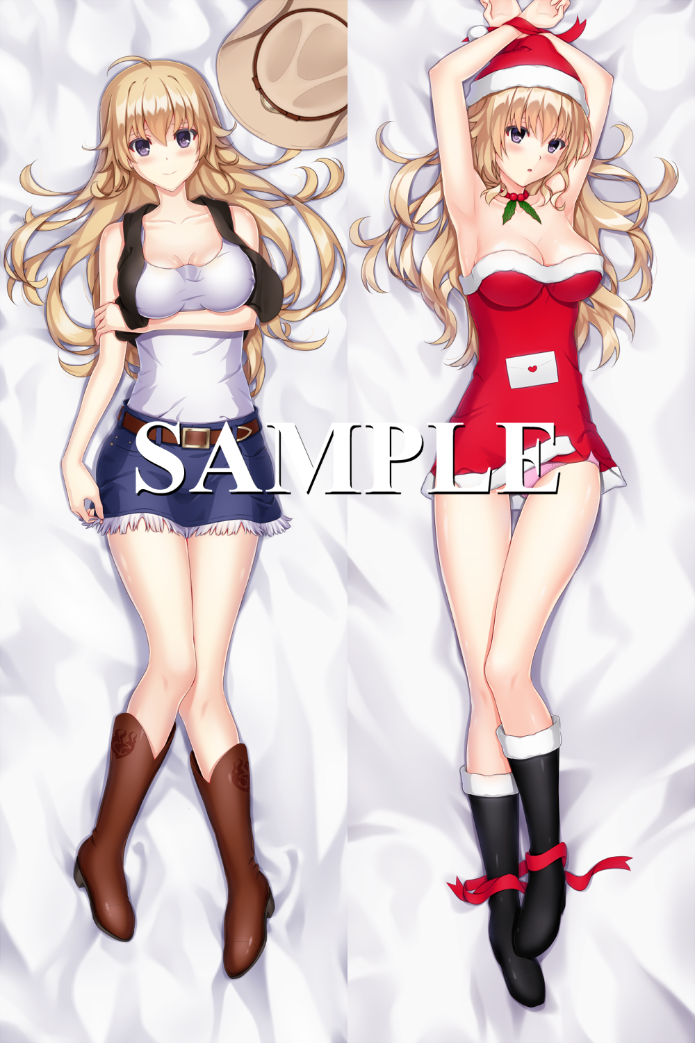 ahoge arms_up bare_shoulders bed_sheet belt black_boots blonde_hair blue_skirt boots breasts brown_boots cleavage cowboy_boots cowboy_hat dakimakura dress envelope hat heart highres holly jewelry long_hair miniskirt multiple_views necklace panties pink_panties red_dress red_ribbon ribbon rwby sample santa_boots santa_hat seirei911 shirt skirt sleeveless sleeveless_dress smile underwear violet_eyes watermark wavy_hair white_shirt yang_xiao_long