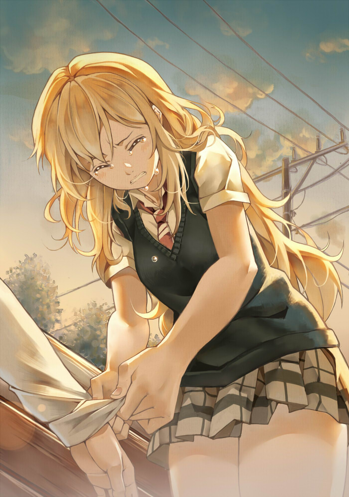 1girl bangs blonde_hair blue_sky blush cheese_kang clenched_teeth closed_eyes clothes_grab clouds collared_shirt crying dripping dutch_angle face_down hands long_hair long_sleeves miniskirt miyazono_kawori necktie out_of_frame outdoors plaid plaid_skirt pleated_skirt power_lines pulling red_necktie school_uniform shigatsu_wa_kimi_no_uso shirt short_sleeves skirt sky solo_focus striped sweater_vest tears teeth tree utility_pole_(object) white_shirt