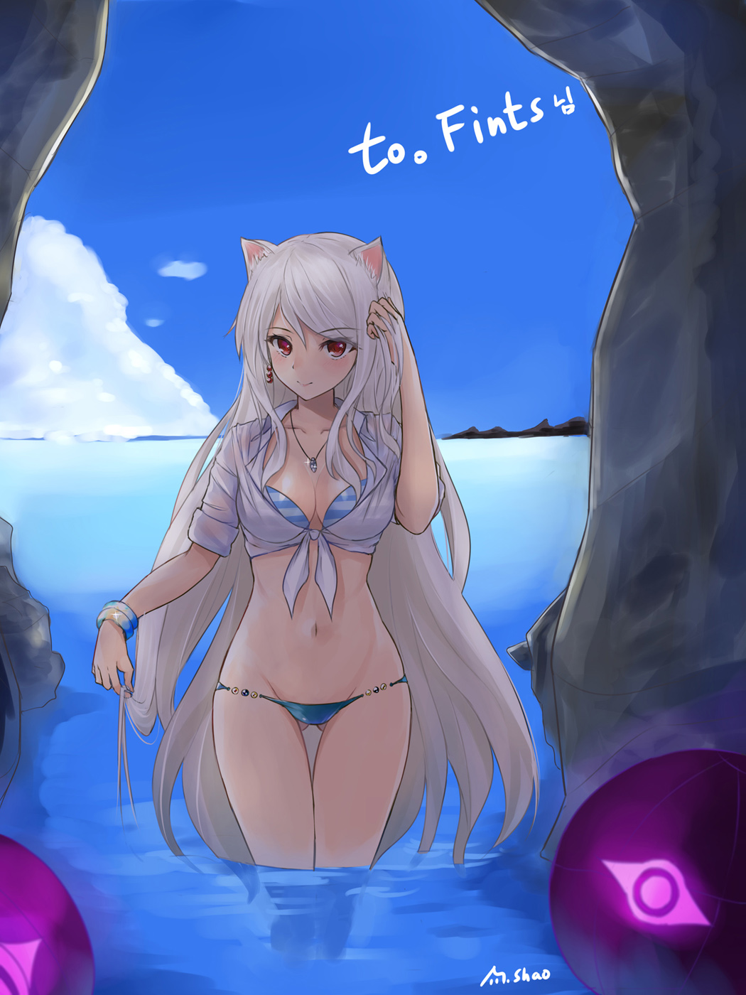 1girl adjusting_hair animal_ears ass_visible_through_thighs bikini blush breasts cat_ears cave cleavage dungeon_and_fighter eyes front-tie_top gunner_(dungeon_and_fighter) hand_in_hair highres long_hair looking_at_viewer ocean red_eyes shaojiang silver_hair smile solo swimsuit thigh_gap very_long_hair wading water