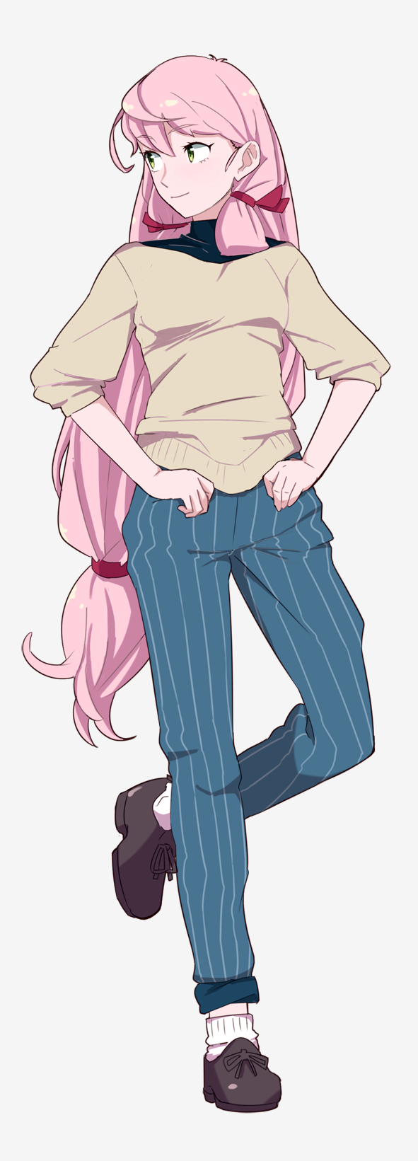 1girl ahoge akashi_(kantai_collection) alternate_costume bangs casual closed_mouth eyebrows eyebrows_visible_through_hair full_body green_eyes grey_background hair_ribbon highres kantai_collection long_hair looking_to_the_side low-tied_long_hair ojipon one_leg_raised pants pink_hair ribbon shoes simple_background sleeves_past_elbows smile solo standing standing_on_one_leg striped sweater tress_ribbon turtleneck vertical-striped_pants vertical_stripes