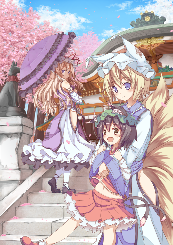 3girls adapted_costume animal_ears architecture bangs black_hair black_shoes blonde_hair blue_eyes blue_sky blush cat_ears cat_tail chen cherry_blossoms clouds day detached_sleeves dress east_asian_architecture fang fox_tail frilled_dress frilled_sleeves frills ging1993 green_hat hat hat_ribbon hip_vent hips holding holding_umbrella hug hug_from_behind kneehighs long_hair long_skirt long_sleeves looking_at_another looking_back midriff mob_cap multiple_girls multiple_tails navel no_panties open_mouth petals pillow_hat purple_hair purple_shirt red_skirt red_vest ribbon shiny shiny_hair shirt shoe_ribbon shoes short_hair shrine skirt skirt_set sky sleeveless sleeveless_shirt smile stairs statue tabard tail thighs touhou tree trigram two_tails umbrella violet_eyes white_dress white_legwear white_shirt white_skirt wind yakumo_ran yakumo_yukari yellow_eyes