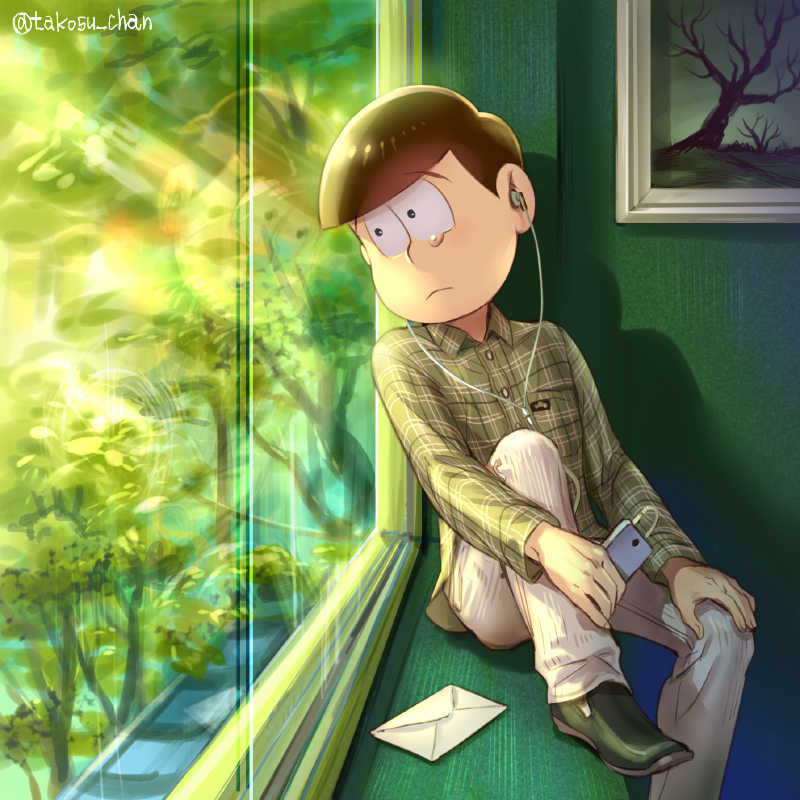 1boy artist_name bangs bowl_cut buttons cable closed_mouth collared_shirt digital_media_player dress_shirt earphones earphones envelope frame frown glass green_shoes hand_on_own_knee holding indoors leaning_to_the_side long_sleeves looking_away looking_to_the_side male_focus matsuno_choromatsu osomatsu-san painting_(object) pants plaid plaid_shirt reflection shadow shirt shoes sitting solo takosu-chan tears tree twitter_username white_pants window