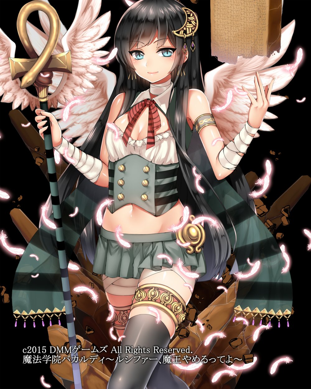 1girl ankh armband bandages black_hair black_legwear blue_eyes blush breasts cleavage copyright_request crescent_hair_ornament earrings feathers groin hair_ornament highres jewelry kanzaki_maguro long_hair looking_at_viewer navel original smile solo staff thigh-highs very_long_hair white_wings wings