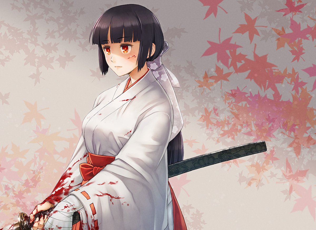 bandaged_hands bangs black_hair blood blood_on_face blood_splatter bloody_clothes blunt_bangs breasts commentary_request expressionless eyebrows eyebrows_visible_through_hair hair_ribbon hakama holding_sword holding_weapon itou_(onsoku_tassha) japanese_clothes katana leaf long_hair maple_leaf original ponytail red_eyes ribbon scabbard sheath sword unsheathed weapon