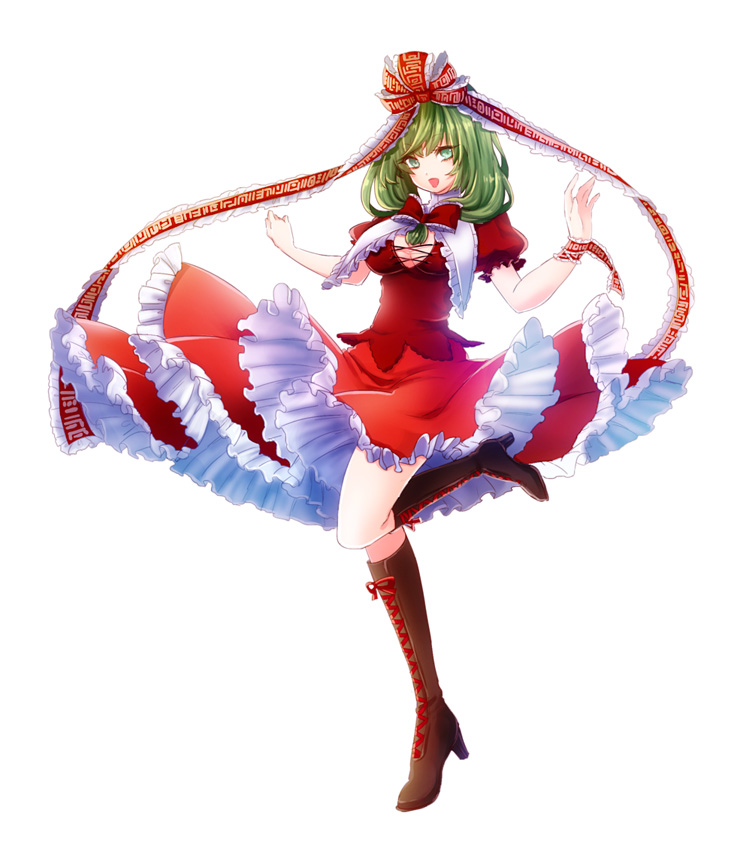 1girl adapted_costume backlighting bad_leg boots breasts cleavage collar frilled_collar frilled_ribbon frilled_skirt frills full_body green_eyes green_hair hair_ribbon hands_up himeka kagiyama_hina knee_boots long_hair long_ribbon long_skirt looking_at_viewer open_mouth puffy_short_sleeves puffy_sleeves red_shirt red_skirt ribbon shiny shiny_hair shirt short_sleeves simple_background skirt smile solo spinning standing_on_one_leg touhou white_background wrist_ribbon