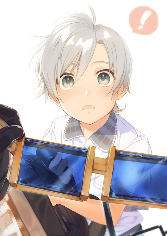 ! 1boy akiyoshi_haru bag bangs black_gloves child collared_shirt dress_shirt glasses glasses_removed gloves green_eyes holding holding_glasses looking_at_viewer ludger_will_kresnik male_focus open_mouth plaid pov shirt short_sleeves silver_hair solo_focus spoken_exclamation_mark surprised swept_bangs tales_of_(series) tales_of_xillia tales_of_xillia_2 white_background younger