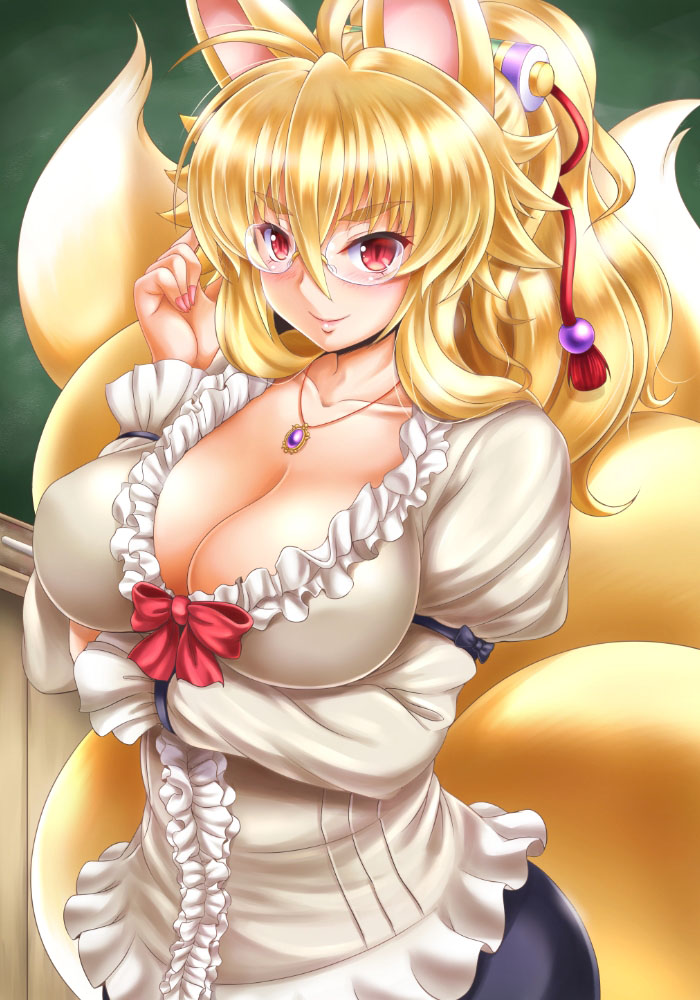 1girl adjusting_glasses alternate_costume animal_ears bespectacled blonde_hair blouse breast_hold breasts chalkboard cleavage collarbone commentary_request eyebrows female fox_ears fox_tail glasses izuna_(shinrabanshou) jewelry kitsune kittan_(cve27426) large_breasts long_sleeves looking_at_viewer multiple_tails necklace pendant puffy_sleeves red_eyes shinrabanshou shirt smile solo tail teacher thick_eyebrows white_shirt