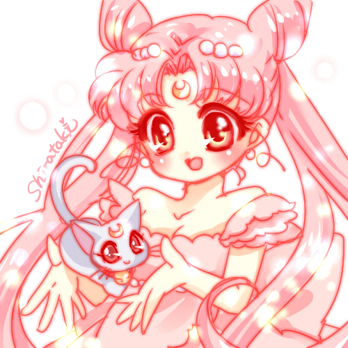 1girl :d bare_shoulders bishoujo_senshi_sailor_moon cat chibi_usa crescent diana_(sailor_moon) double_bun dress facial_mark forehead_mark hair_ornament hairpin long_hair lowres older open_mouth pink_dress pink_hair red_eyes shirataki_kaiseki signature small_lady_serenity smile strapless strapless_dress twintails upper_body white_background