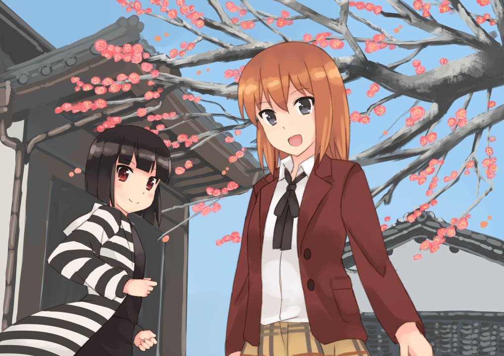 2girls akatsuki_miho akemiho_tabi_nikki black_hair brown_eyes brown_hair flower fukube_tamaki kouno_hikaru multiple_girls plum_blossoms red_eyes short_hair